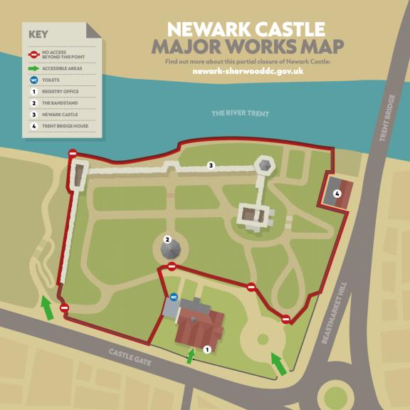Map of Newark Castle and Gardens displaying the area where it will be closed during the Gatehouse Project