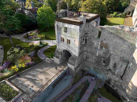 a CGI image of Newark Castle post restoration, birds-eye view