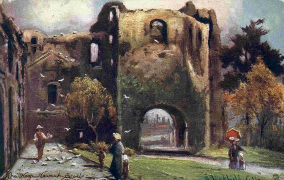 Painting of the Castle Gatehouse by Henry Hadfield Cubley, showing people in Edwardian clothing walking through the castle guardians