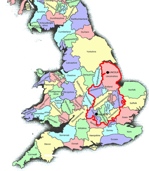 A map of England with Bishop Alexander’s Lincoln Diocese highlighted