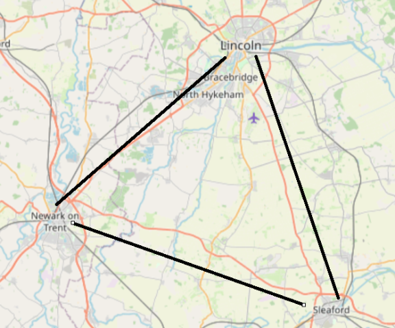 Map of Newark, Lincoln and Sleaford with black lines connecting the three locations