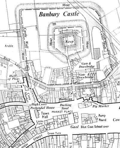 Historic map showing the layout of Banbury Castle and the surrounding town. The castle is depicted as a large, roughly pentagonal enclosure surrounded by a ditch, with a central keep marked in the middle. Roads, buildings and plots of land crowd around the castle site, illustrating how the town developed around its defences. Labels identify key features including the keep, castle grounds and nearby streets. The map highlights the scale of Banbury Castle before it disappeared from the modern landscape.