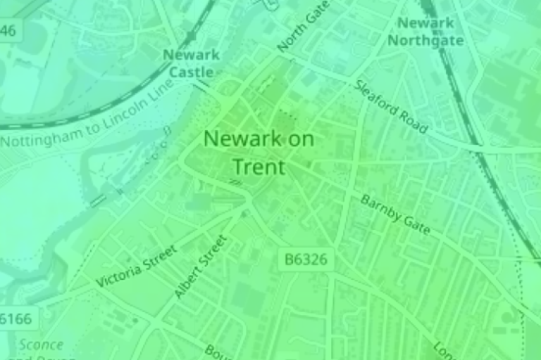 Map of Newark in colours of green overlay depicting the slightly elevated areas of the castle