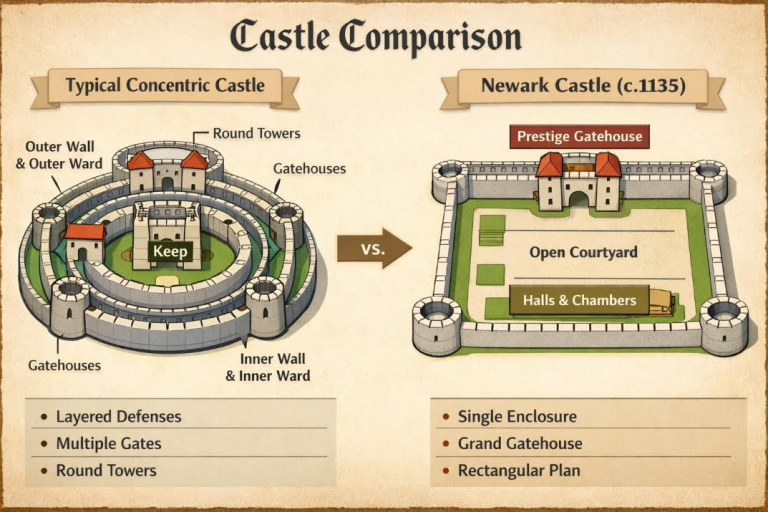 Illustrated comparison between a typical concentric medieval castle and Newark Castle (c.1135). The concentric castle features multiple defensive rings, including outer and inner walls, gatehouses, curtain walls and round towers. Newark Castle is shown as a simpler rectangular enclosure with a central open courtyard, a grand gatehouse and perimeter buildings. The diagram highlights the differences in layout and defensive design between later concentric castles and Newark Castle’s earlier episcopal form.