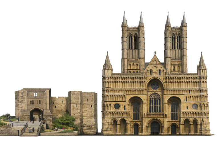 Historic cathedral facade alongside a ruined stone castle against a white background.