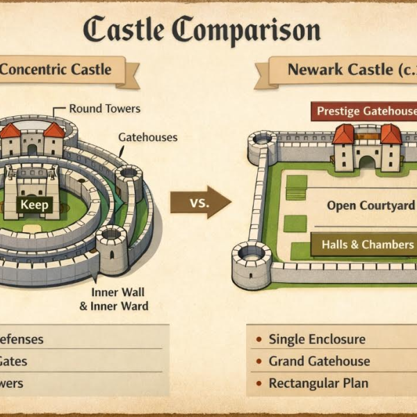 Illustrated comparison between a typical concentric medieval castle and Newark Castle (c.1135). The concentric castle features multiple defensive rings, including outer and inner walls, gatehouses, curtain walls and round towers. Newark Castle is shown as a simpler rectangular enclosure with a central open courtyard, a grand gatehouse and perimeter buildings. The diagram highlights the differences in layout and defensive design between later concentric castles and Newark Castle’s earlier episcopal form.
