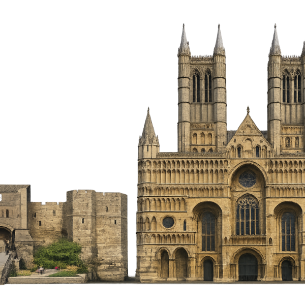 Historic cathedral facade alongside a ruined stone castle against a white background.